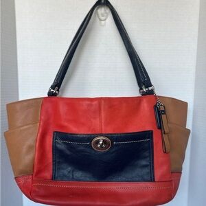 Coach Colorblock Leather Tote Bag - Red, Blue & Tan